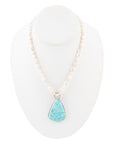Blue Turquoise Pendant and White Pearl Sterling Silver Necklace
