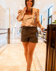 Brown PU Leather Belted High Waist Shorts -Bottoms