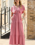 Kelsey Textured Flutter Sleeve Ruffled Maxi Dress