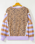 Plus Size Leopard Stripe Patchwork Side Slit Sweatshirt