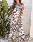 Paisley Checkered Buttoned Crew Neck Wide Leg Jumpsuit