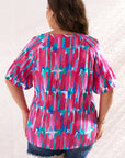 Lisa Plus Brushstroke Ruffle Sleeve Button V Neck Blouse