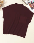 Solid Ribbed Knit Patch Pocket Short Sleeve Sweater