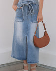 Ariah High Waist Midi Denim Skirt