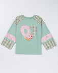 Valentine Heart Plaid Floral Patchwork Long Sleeve Top