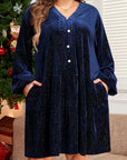 Plus Size Textured Velvet Buttoned Tiered Dress