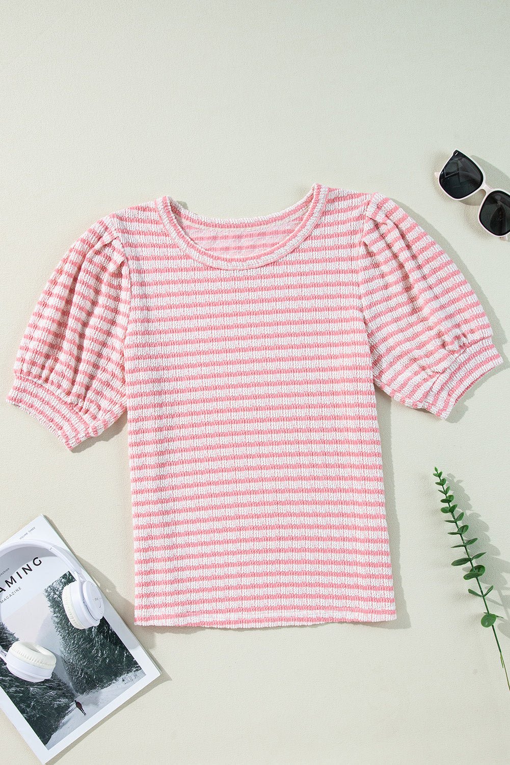 Dylan Stripe Textured Puff Sleeve Top