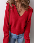 Solid Collared V-Neck Ribbed Edge Sweater