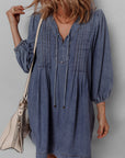 Denim 3/4 Sleeve Tied V-Neck Pleated Mini Dress