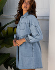 Denim Smocked Cuffs Shirt Mini Dress