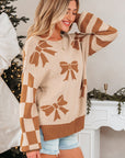 Bow Checker Stripe Patchwork Sleeve Drop Shoulder Sweater