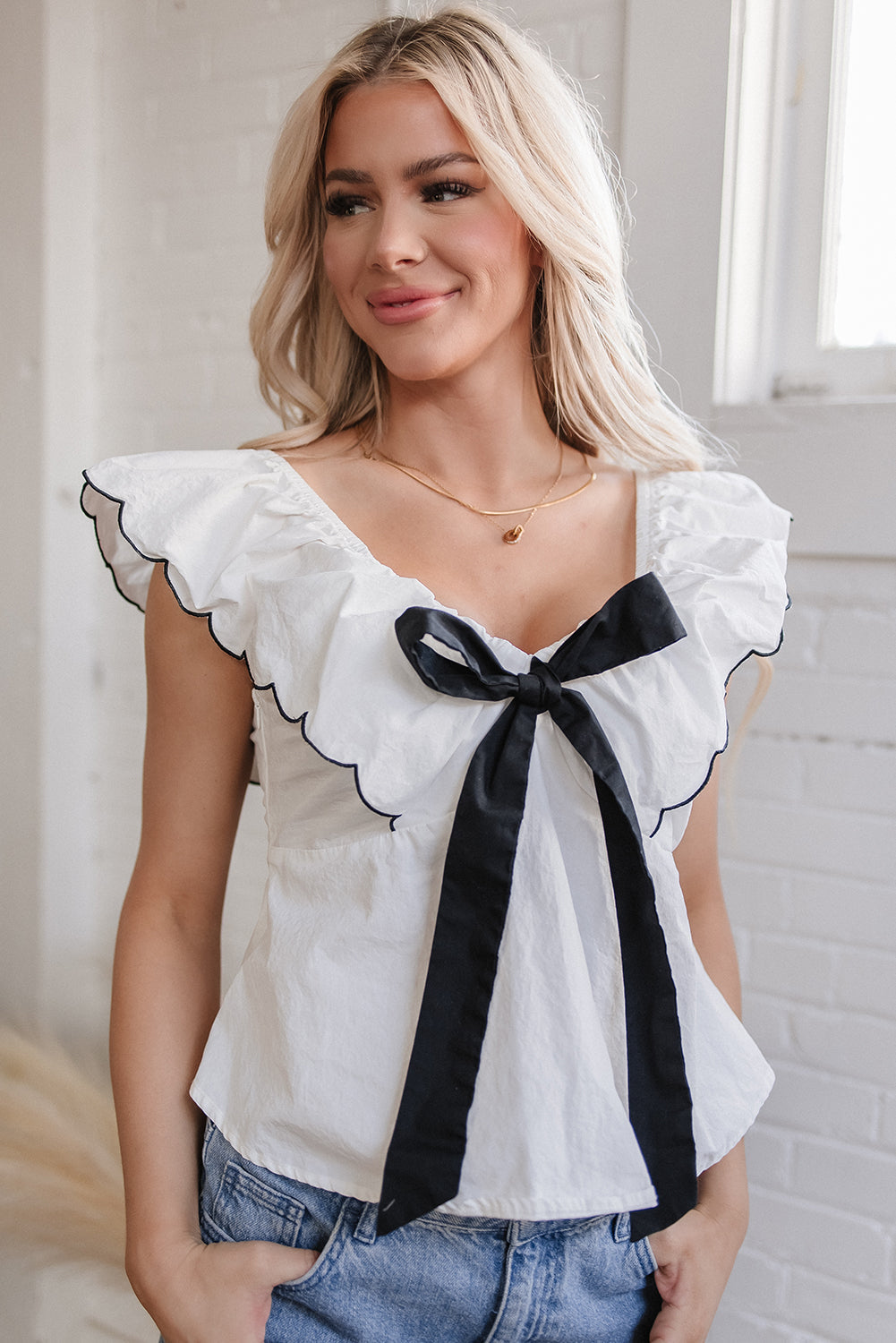 Azariah Contrast Bow Ruffle Trim V Neck Blouse