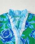 Floral Contrast Frilled V-Neck Blouse