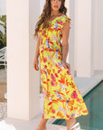 Dani Cheetah Plant Shirred Button V Neck Maxi Dress