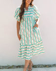 Billie Striped Floral Tie Split Neck Puff Sleeve Midi Dress