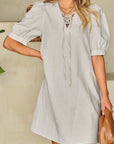 Carly Lace-up V Neck Bubble Sleeve Short Shift Dress
