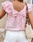 Floral Bow Back Ruffle Sleeve Blouse
