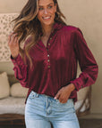 Gwynn Frilled Neck Buttoned Front Velvet Top
