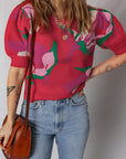 Floral Abstract Short Puff Sleeve Sweater