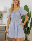 Monica Stripe Bubble Sleeve Ruched Pocketed Babydoll Dress