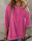Aliana Exposed Seam Button Neck Wide Sleeve Tunic Top