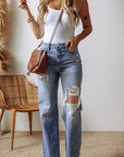 Madilyn Distressed Raw Hem Straight Leg High Waist Jeans