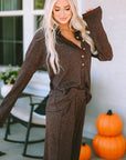 Brooke Ribbed Knit Collared Henley Top and Pants Lounge Outfit