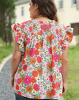 Kimber Plus Floral Notched Neck Ruffle Sleeve Blouse