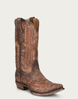 C3952 - MEN'S EAGLE INLAY AND EMBROIDERY WING TIP SNIP TOE DISTRESSED TAN COWBOY BOOT