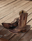 C3952 - MEN'S EAGLE INLAY AND EMBROIDERY WING TIP SNIP TOE DISTRESSED TAN COWBOY BOOT
