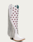 C4084 - WOMEN'S LUMINESCENT EMBROIDERY AND PINK STARS WITH LAMB FRINGE WHITE SNIP TOE COWBOY BOOT