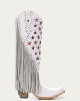 C4084 - WOMEN'S LUMINESCENT EMBROIDERY AND PINK STARS WITH LAMB FRINGE WHITE SNIP TOE COWBOY BOOT