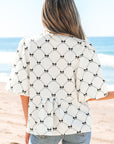 Ezra Bowknot Print Front Knots Bubble Sleeve Blouse