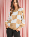 Checkered Bishop Sleeve Pullover Sweater