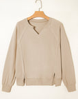 Solid Raw Edge Raglan Sleeve Side Slit Sweatshirt