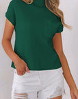 Solid Ribbed Knit Patch Pocket Short Sleeve Sweater
