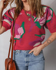 Floral Abstract Short Puff Sleeve Sweater