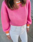 Pearl Contrast Trim Crewneck Drop Shoulder Sweater