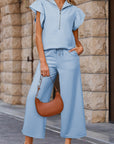 Textured Ruffle Half Zip Top and Pants Set