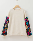 Plus Size Floral Patchwork Sleeve Textured Top