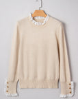 Lace Trim Patchwork Buttoned Cuff Sweater