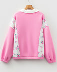 Floral Colorblock Patchwork Puff Sleeve Collared Top