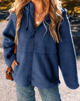 Solid Fleece Zip-Up Drawstring Pocketed Hooded Jacket