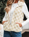 Checker Sherpa Snap Button Vest Jacket With Pockets