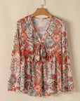 Celeste Floral V Neck Knot Bell Sleeve Blouse