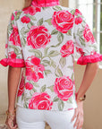 Floral Contrast Frilled V-Neck Blouse