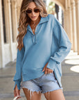 Solid Collared Drop Shoulder Side Slit Sweatshirt