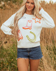 Western Tinsel Boots Crew Neck Sweater