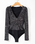 Gia Sequin V Neck Zipped Long Sleeve Bodysuit