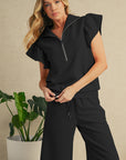 Textured Ruffle Sleeve Zipped Top and Wide Leg Pants Set